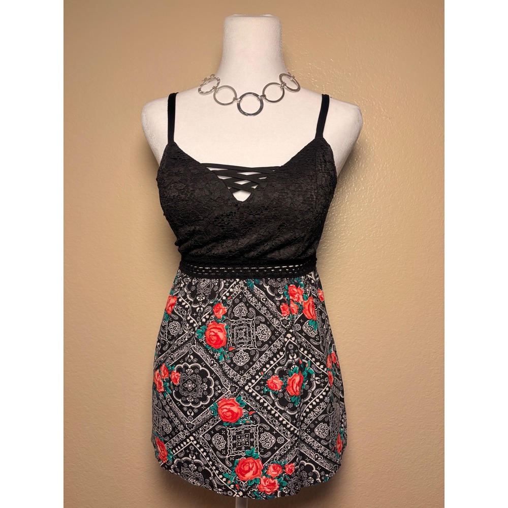 Y2K No Boundaries Black Lace Floral Print Babydoll Cami Top Small #9